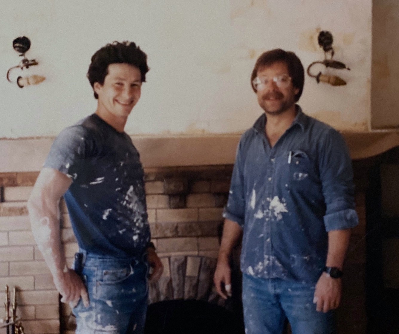 Jim Hurley (left) with friend Bob smooth texturing walls in the ’80s.