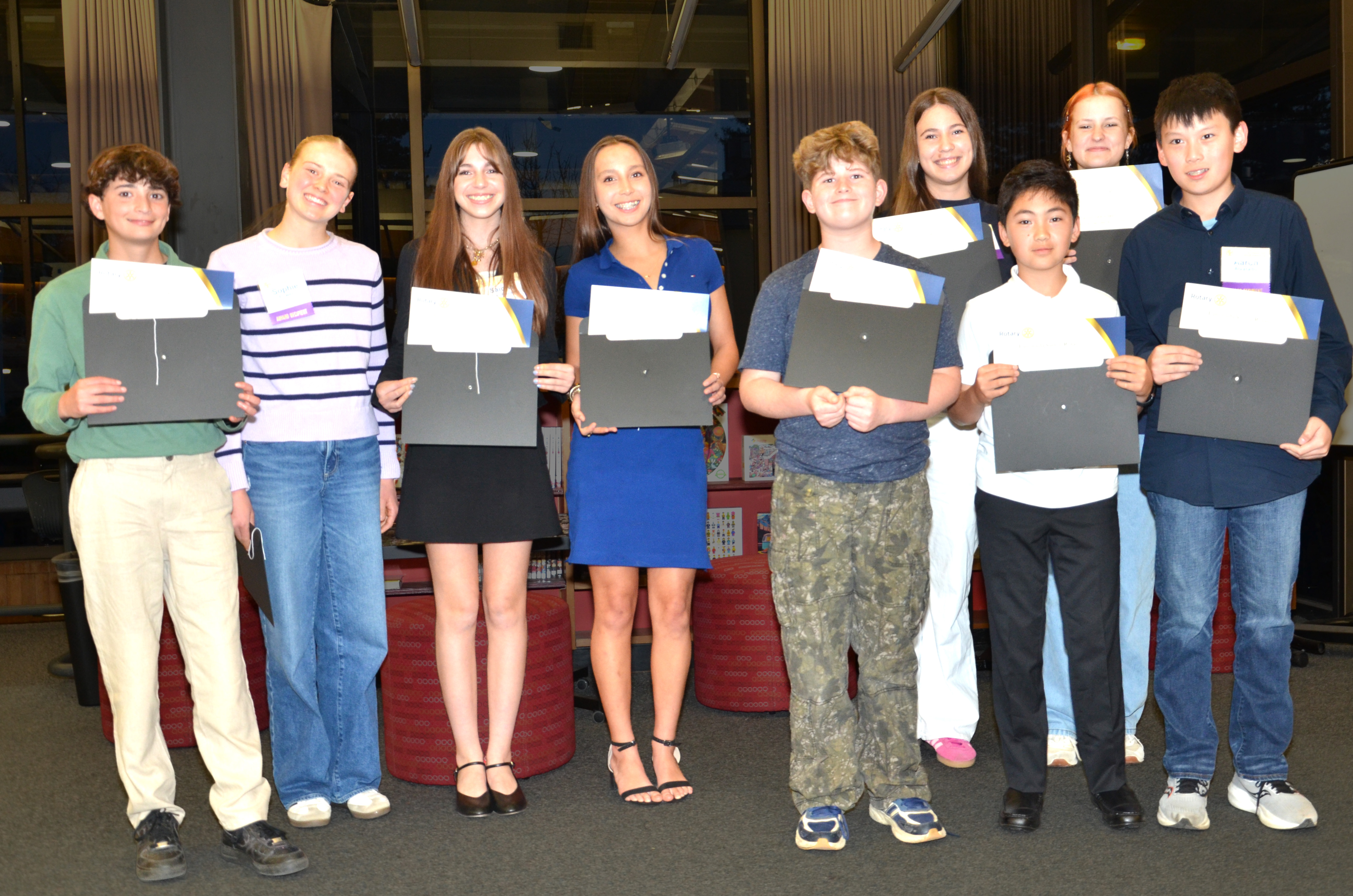 Award recipients, pictured from left: Teddy Carroll, Sophie Powell, Saiona Braman-Pleasants, Alina Ngo-Olson, Robby Redding, Kai Sviatocha-Lim, Kayla Koray, Alice Upson, Aaron Alvarado