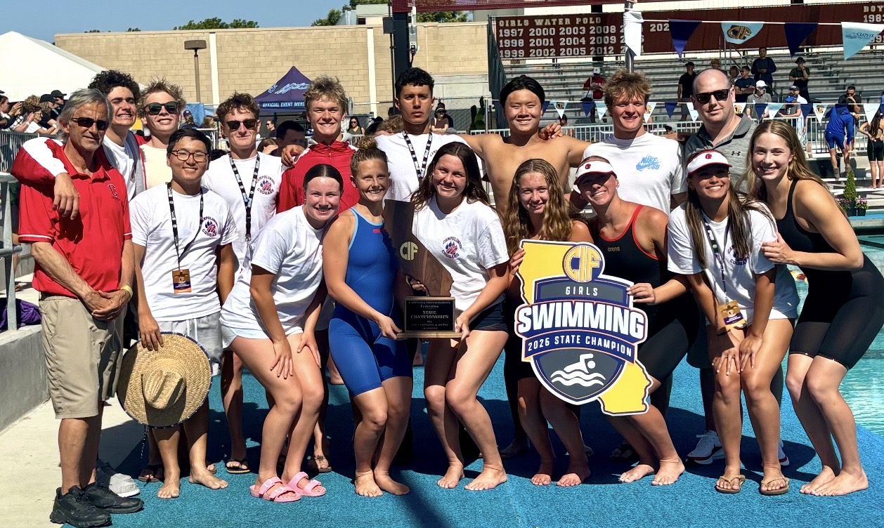 State champion Campolindo girls swim team along with the boys team.