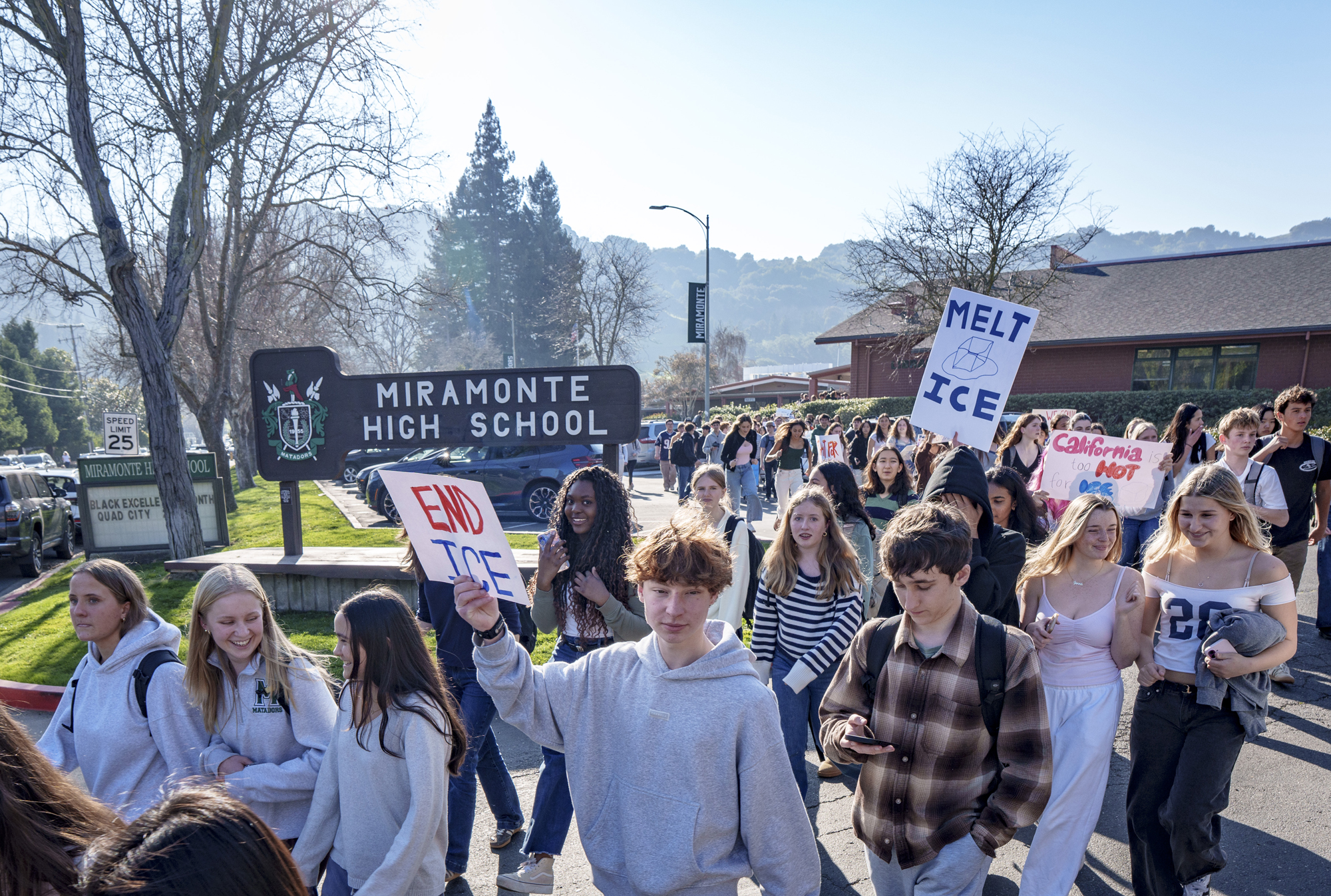 Students gather outside Miramonte High School as part of a joint protest on Feb. 4, organized by Acalanes High School students.