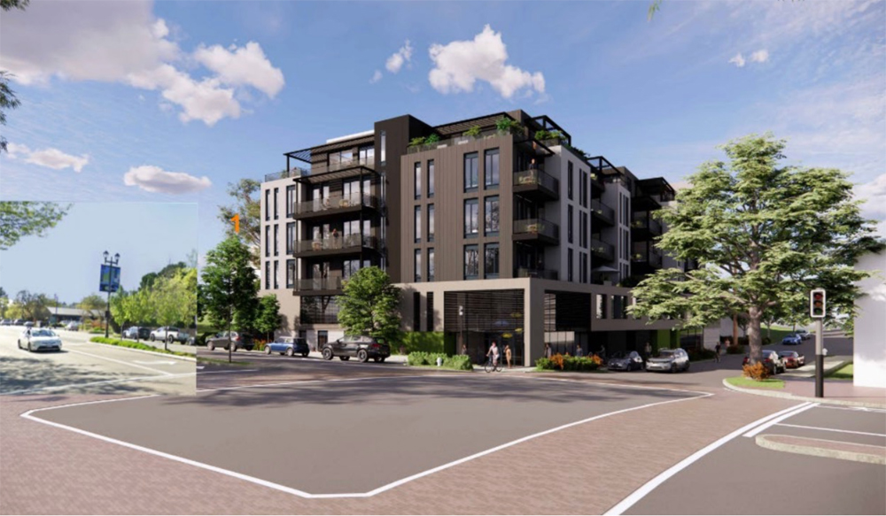 Updated Rendering, View from Mt. Diablo Blvd. from SE (March 2026 Submittal)