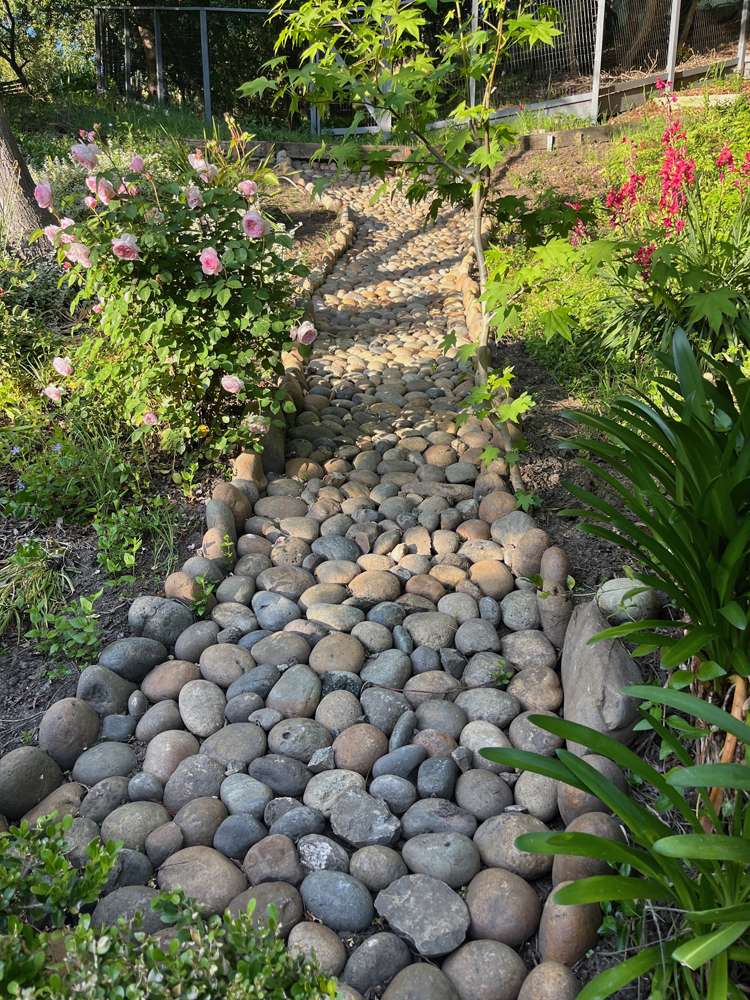 A river rock canal directs rain run-off.